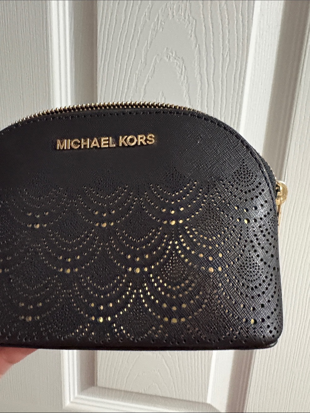 Michael Kors Black Perforated Dome Cosmetic Case with Gold Accents